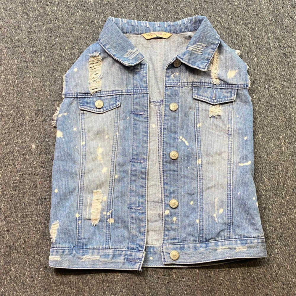 Highway Jeans Denim Vest Sz M Womens Blue Grunge Distressed Paint Splatter Vest